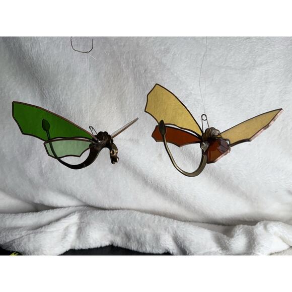 Pair Solid Brass Dragon Fire Stained Colored Glass Red Green Sun catchers 8" - Picture 1 of 16